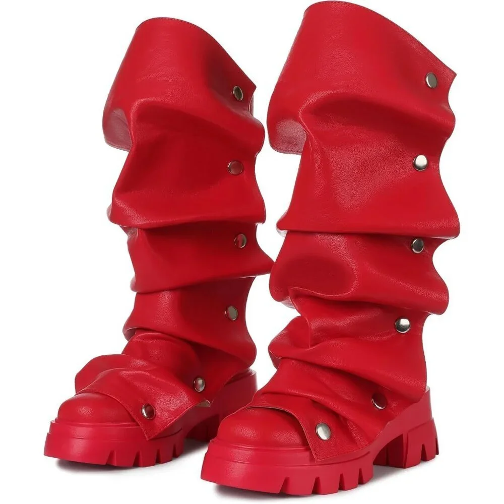Women's Red Pu Fold Over Knee Slouchy Ruched Stacked Heel Round Toe Boots